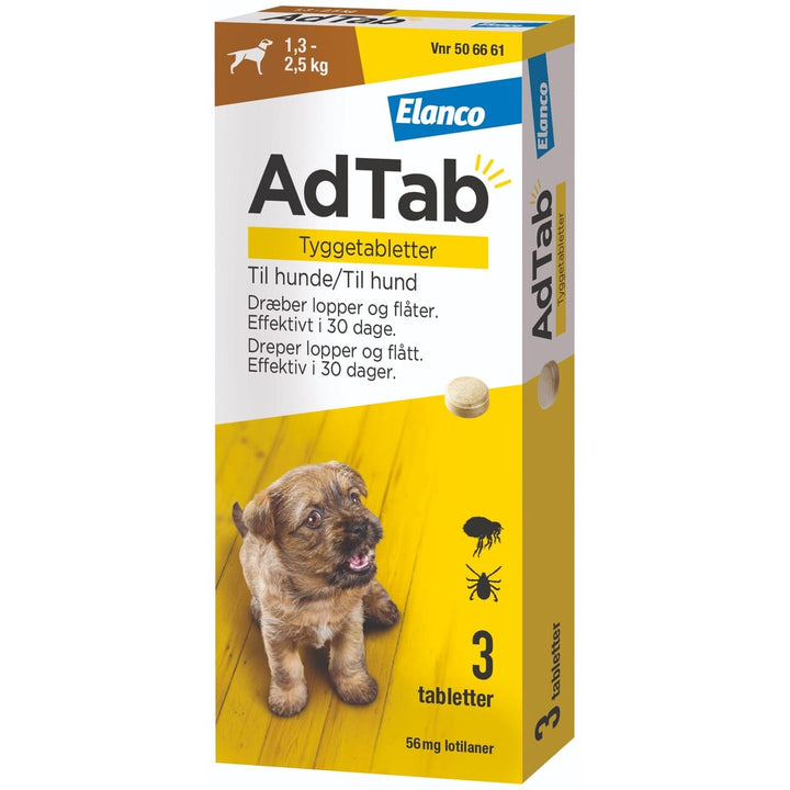 AdTab hund 1,3–2,5 kg 56 mg – loppe- og flåtbeskyttelse