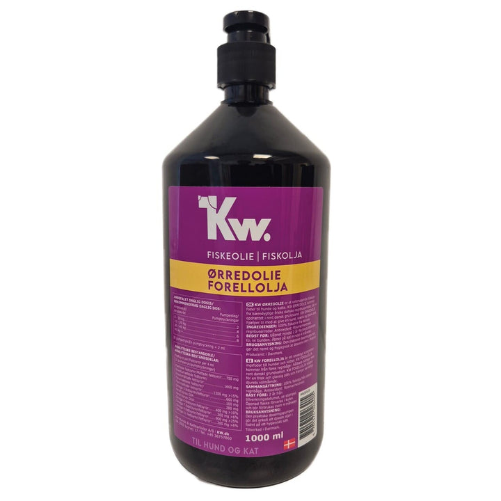 KW Ørredolie 1L – Dansk omega-3 fiskeolie til hund og kat