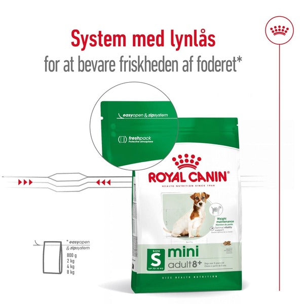 Royal Canin Mini Adult 8+ 2kg, til hunde over 8 år Lynlås